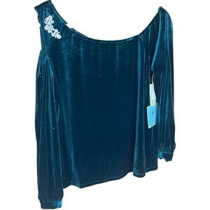 CeCe Velvet One Shoulder Top Teal with Silver Embellishment